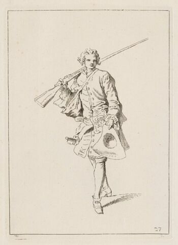 Soldat en pied, de face, portant son fusil à l'épaule, un chapeau à la main gauche, image 1/1