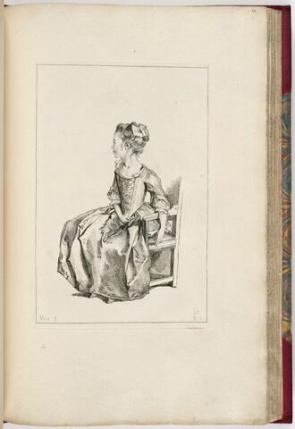 Petite fille assise, le profil tourné à gauche, un bras pendant sur le bois d'un fauteuil, image 1/1