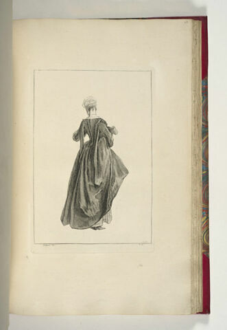 Femme en pied, vue de dos, tenant sous le bras sa jupe relevée, image 1/1
