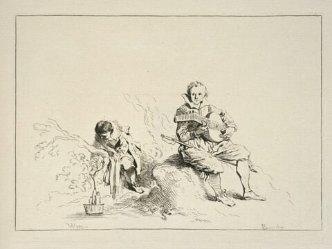 Homme jouant du luth et valet retirant de l'eau des bouteilles mises à rafraîchir, image 1/1