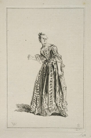 Femme en pied, se rejetant en arrière, le bras droit levé, image 1/1