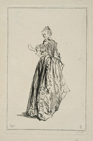 Femme de dos, se retournant et tendant la main gauche, image 1/2
