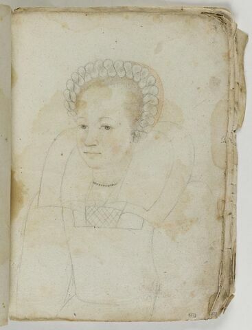 Portrait de femme, en buste, de trois quarts, avec une coiffe tuyautée dégageant le haut du front, grande collerette empesée encadrant le visage, petit collier autour du cou, image 1/1