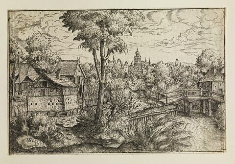 Paysage avec une ferme et un pont en bois, image 1/1