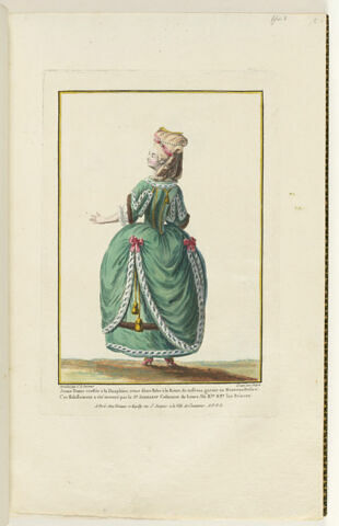 Jeune Dame coeffée à la Dauphine, vetue d'une Robe à la Reine, de taffetas, garnie au Nouveau Desiré. Cet Habillement a été inventé par le S.r Sarrazin Costumier de Leurs Alt. R.les N.grs les Princes.