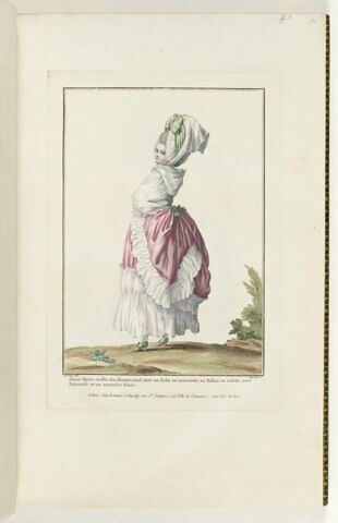 Jeune Dame coeffée d'un Bonnet rond avec un fichu en marmotte, un Ruban en rosette, une Polonoise et un mantelet blanc., image 1/1