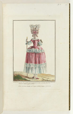 Femme d'un certain ton se promenant la canne a la main, vétue d'un Caraco de taffetas garni en Pouf.