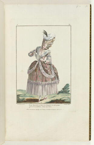 Petite Maîtresse en Robe à la Polonaise de toile peinte garnie de mousseline, lisant une lettre