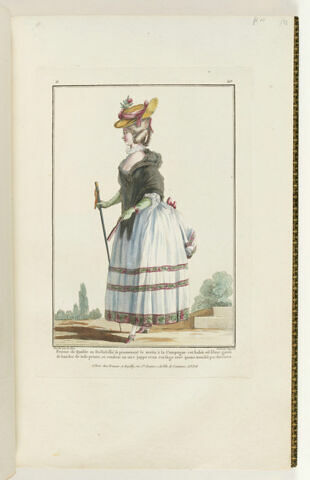 Femme de Qualite en Deshabillé, se promenant le matin à la Campagne cet habit est blanc, garni de bandes de toile peinte, et consiste en une juppe et un corsage avec queue troussée par derriere., image 1/1