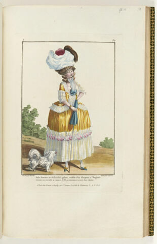 Jolie Femme en deshabillé galant, coëffée d'un Chapeau à l'Angloise, tenant un parasol à canne, et se promenant avec son chien