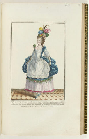 Habit de bal, le corsage et le juppon retroussés avec des glands, les côtés sont de la même couleur ; la juppe de dessous est d'une autre couleur : les manches sont recouvertes en pouf et garnies de perles : la garniture de la juppe de dessous ornée d'une guirlande de fleurs ; toutes les garnitures sont de gaze légère ; une très gr.de coëffure en plumes., image 1/1
