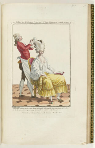 Jeune Dame se faisant coëffer à neuf ; elle est en peignoir et sa juppe de gaze d'un jaune très tendre, Le Coëffeur en veste rouge un peu poudrée ; culotte noire et bas de soie gris., image 1/1