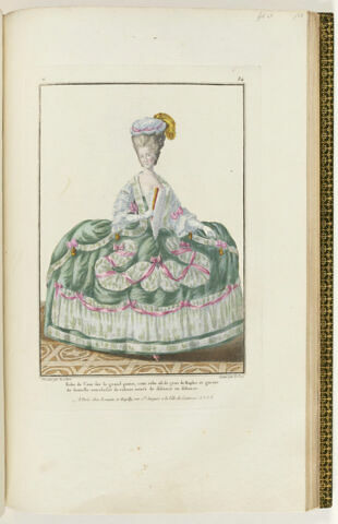 Robe de Cour sur le grand panier, cette robe est de gros de Naples et garnie de dentelle entrelassée de rubans noués de distance en distance., image 1/1