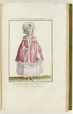 Jeune Dame coeffée en baigneuse avec une pelisse de satin doublée de poil, le juppon est garni d'un falbala de linon à fleurs et à tuyaux.