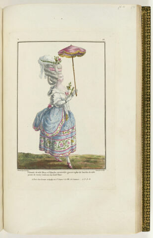 Polonaise de toile bleue et blanche vermicelée garnie à plat de bandes de toile peinte de toutes couleurs sur fond blanc.