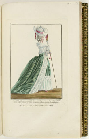 Robe à l'Angloise, queue trainante, de taffetas garnie de gaze en pouf, chapeau de gaze d'Italie et d'une bordure de plumes, au dessous du ruban une aigrette et un héron de plumes noires., image 1/1
