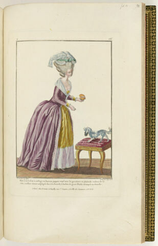 Robe à la Lévite à corsage en foureau, juppon coupé avec la garniture en platitude couleur de la robe, coëffure demie négligée dite à la Picarde, à barbes de gaze d'Italie découpée en dentelle., image 1/1