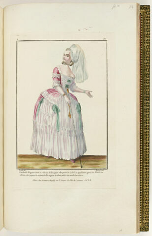 Cauchoise élégante dans le costume de son pays : elle porte un juste à la paysanne garni du falbala en taffetas rose juppon de même étoffe, et garni de même, tablier de mousseline claire., image 1/1