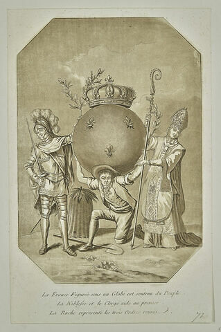 La France figurée sous un globe est soutenue du Peuple. La Noblesse et le Clergé aident au premier., image 1/1