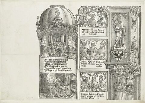 Arc de triomphe de Maximilien Ier : Scènes de la tour de gauche, des souverains et suite de la colonne gauche
