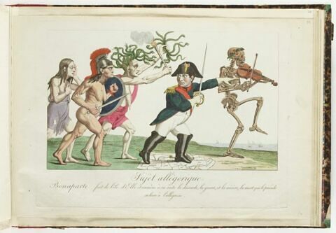 Sujet allégorique. / Bonaparte fuit de l'ile d'Elbe et ramène à sa suite la discorde, la guerre, et la misère, la mort qui le précède / se livre à l'allégresse., image 1/1