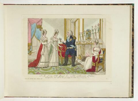 S. M. Louis XVIII offrant des violettes à plusieurs Dames. / Acceptez-les, leur dit le Roi, j'ai compris les violettes dans l'Amnistie, image 1/1