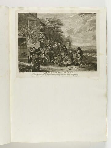 Les aristocrates en Suisse / Le Comte de xxx et le Marquis de xxx faisant danser des Chiens pour subsister. / Ils sont réduits au petit salé, C'est la ressource de nos Réfugiés., image 1/1