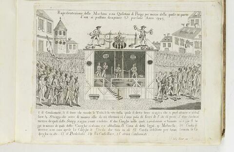 Rapresentazione della Machina o sia Quilotina di Parigi per mezzo della quale in quarto / d'ora si possano decapitare 25 persone Anno 1793