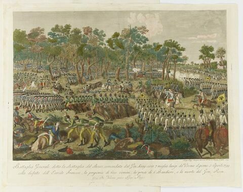 Battaglia Generale, detta la Battaglia del Bosco, comandata dal Gen. Kray circa 7 miglia lungi da Verona il giorno 5 aprilie 1799 [...], image 1/1