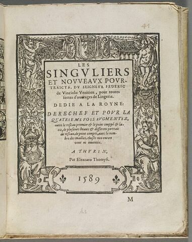Frontispice : Les singuliers et nouveaux portraits du seigneur Federic de Vinciolo Vénitien, pour toutes sortes d'ouvrages de Lingerie, image 1/1