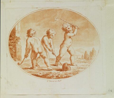Scène allégorique : trois enfants frappent avec des crosses un objet ressemblant à une corne ducale, image 1/1
