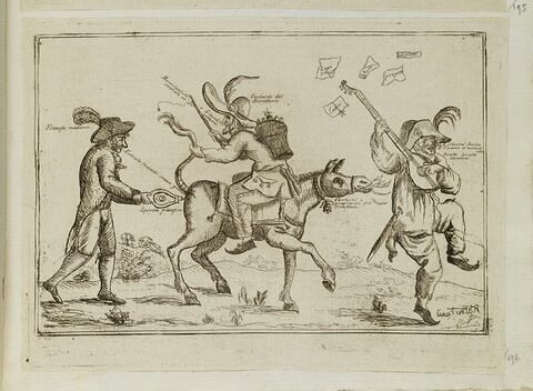 Caricature de trois personnages dont l'un d'entre eux est monté sur un âne, image 1/1