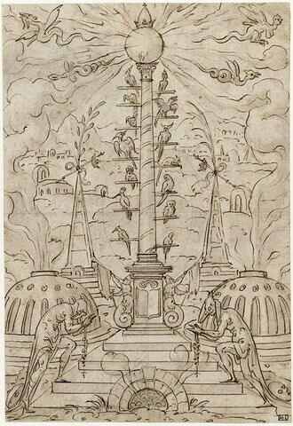 Frontispice de l'Ile Sonnante, de François Rabelais : le perchoir aux oiseaux, symbole de la hiérarchie de l'Église, portant le monde dominé par la tiare pontificale et oppressant le genre humain, adoré par deux monstres