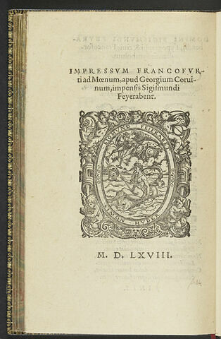 Feuillet d'impression : imprimé à Francfort-sur-le-Main, chez Georg Corvinus, Sigismond Charles Feyerabent, 1568, image 1/1