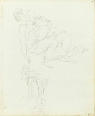 Une femme blessée soutenue par un autre personnage accompagné d'un troisième figure, regardant derrière lui, l'air effrayé ; femme pleurant, débout, de trois quarts vers la gauche