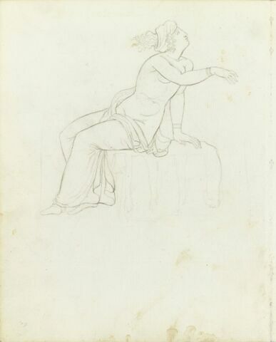 Femme drapée à l'antique, un bandeau dans les cheveux, assise sur une peau d'animal, le jambes tournées vers la gauche, le buste à droite, la tête vers le haut