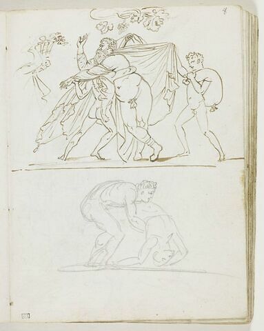 Silène ivre et deux figures ; un homme nu, soulevant ou déposant le corps d'un mort