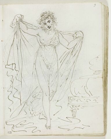 Figure de jeune femme, habillée à l'antique, drapant ou révélant ses charmes près d'un lit