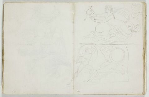 Figure féminine nue, à l'antique, montée sur un dauphin et portant le casque d'un guerrier grec ; deux guerriers grecs combattant auprès du cadavre d'un troisième, image 2/2