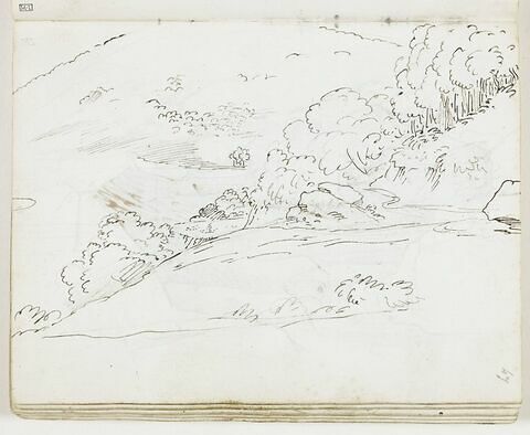 Étude d'un paysage vallonné traversé par un envol d'oiseaux, avec un berger à l'arrière-plan, au centre