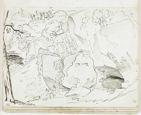 Paysage avec chaos rocheux, entrée d'une grotte et quatre personnages