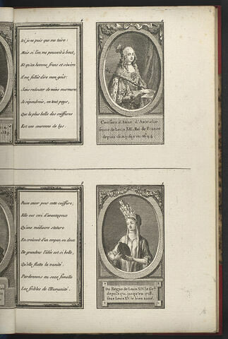 Coëffure d'Anne d'Autriche femme de Louis XIII, Roi de France depuis 1610 jusqu'en 1644. / Du Regne de Louis XIV le Gr.d depuis 1711, jusqu'en 1718, sous Louis XV le bien aimé