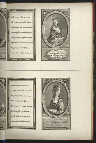 Coeffure en petit bonnet et à barbes pendantes sous le Regne de Louis XV, depuis 1740 jusqu'en 1750 / Coeffure du Regne de Louis XV depuis 1750 jusqu'en 1770, image 1/1