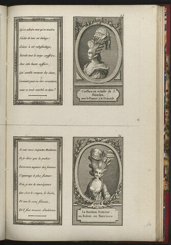 Coeffure en echelle de 5. Boucles, avec le Bonnet à la Glaneuse. / Le Bandeau D'amour, ou Ruban en Barriere.