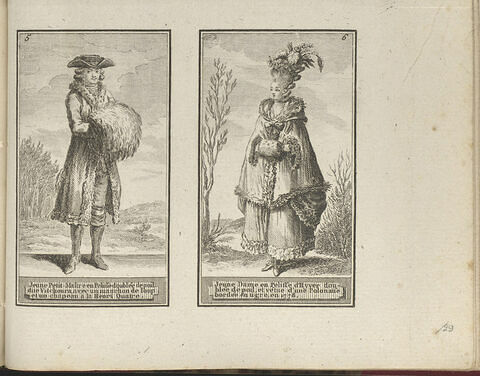 Jeune Petit-Maître en Pelisse doublée de poil dite Vitchoura, avec un manchon de loup et un chapeau à la Hneri Quatre. / Jeune Dame en Pelisse d'Hyver doublée de poil, et vétue d'une Polonaise bordée en tigré, en 1778.