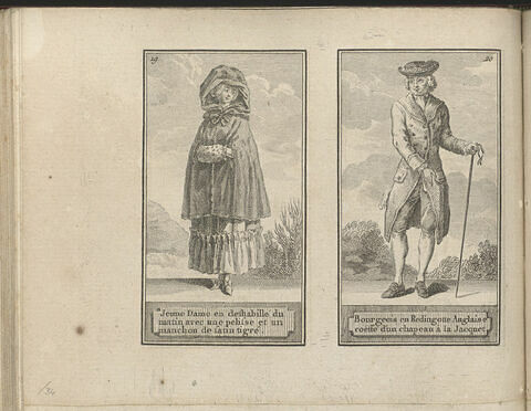 Jeune Dame en deshabillé du matin avec une pelisse et un manchon de satin tigré. / Bourgeois en Redingotte Anglaise coëffé d'un chapeau à la Jacquet.