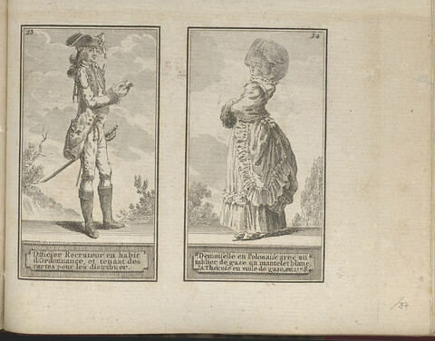Officier Recruteur en habit d'Ordonnance, et tenant des cartes pour les distribuer. / Demoiselle en Polonaise avec un tablier de gaze un mantelet blanc, la Thérese en voile de gaze, en 1778