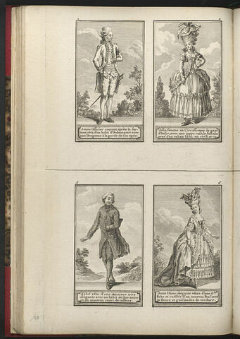 Jeune Officier courant après la fortune, vêtu d'un habit d'Ordonnance avec une Dragonne à la garde de son epée. / Jolie femme en Circassienne de gaze d'Italie, avec une juppe rose, le falbala orné d'un ruban bleu ; en 1778 et 79., image 1/1