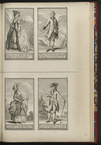 Jeune Dame de Qualité vêtue d'une Robe de satin bordée de martre, et coëffée d'un chapeau à la mode. / Homme de Qualité vêtu élégament, ayant un frac à la Polonoise doublé de queues de martres ; en 1779, image 1/1