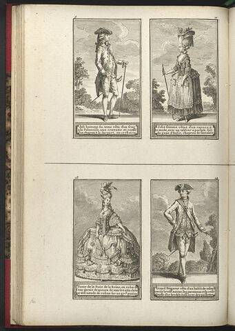 Joli homme du tems vêtu d'un frac a la Polonoise, une cravatte et coeffé d'un chapeau à la Jacquet, en 1778 et 79. / Jolie femme vêtue d'un caraco à la mode, avec un tablier a poches fait de gaze d'Italie, chapeau de fantaisie., image 1/1